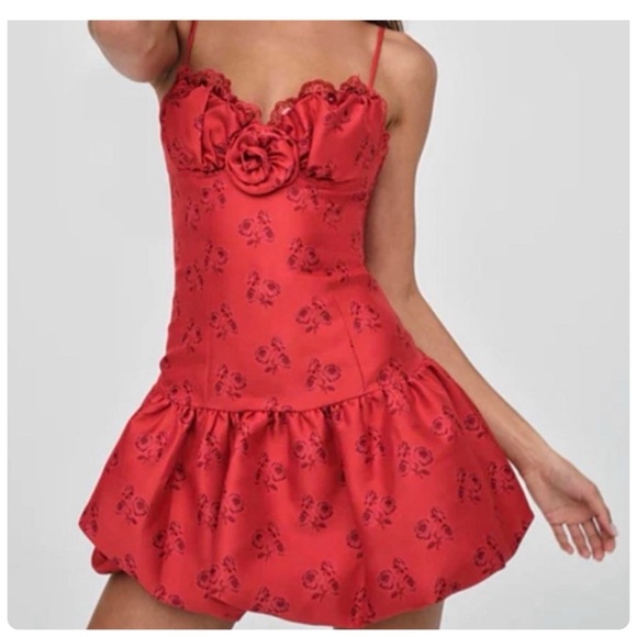 NWT For Love & Lemons Annika Satin Floral MiniRed Dress XL